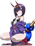  1girl bangs bare_shoulders bob_cut breasts chikuishi collarbone eyeliner fate/grand_order fate_(series) gourd grin headpiece horns japanese_clothes kimono long_sleeves looking_at_viewer makeup obi off_shoulder oni oni_horns purple_eyes purple_hair purple_kimono revealing_clothes sash shiny shiny_skin short_hair short_kimono shuten_douji_(fate) skin-covered_horns small_breasts smile solo squatting thighs wide_sleeves 