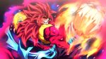  1boy attack blue_eyes blue_sash body_fur dragon_ball dragon_ball_heroes fire gogeta gogeta_(xeno) male_focus metamoran_vest red_fur red_hair rom_(20) sash solo super_saiyan super_saiyan_4 