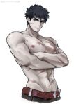  1boy abs absurdres alchemy_stars aussummer bangs bara belt black_hair black_pants brown_belt brown_eyes highres large_pectorals looking_at_viewer male_focus muscular muscular_male navel nipples pants pectorals pittman_(alchemy_stars) rotated scar scar_on_cheek scar_on_chest scar_on_face short_hair sideburns smile solo stomach sweat topless_male 