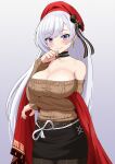  1girl aran_sweater arm_under_breasts azur_lane bangs bare_shoulders belfast_(azur_lane) belfast_(shopping_with_the_head_maid)_(azur_lane) beret black_bow black_choker black_legwear black_skirt blue_eyes blush bow breasts brown_sweater choker cleavage collarbone commentary_request cowboy_shot earrings eyebrows_visible_through_hair gradient gradient_background grey_background hair_bow hat highres jewelry large_breasts lemon_kele long_hair long_sleeves looking_at_viewer miniskirt off-shoulder_sweater off_shoulder official_alternate_costume pantyhose partial_commentary pencil_skirt red_headwear shawl silver_hair skirt smile solo standing sweater very_long_hair 