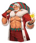  1boy abs bangs bara bare_pectorals beard blue_eyes carrying_over_shoulder chest_hair coat commentary cookie_run cropped_legs eggnog_cookie english_commentary facial_hair fur-trimmed_coat fur-trimmed_gloves fur_trim gift_bag gloves head_tilt highres large_pectorals male_focus mature_male muscular muscular_male mustache navel_hair nipples open_clothes pectorals red_coat santa_costume short_hair smile solo stomach tengo_(maotengo) thick_eyebrows thick_thighs thighs white_hair 