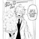  1boy :d ^_^ aether_(genshin_impact) bangs blush bouquet braid closed_eyes cosplay door english_text flower genshin_impact gloves greyscale highres holding holding_bouquet jacket kinigoni long_hair long_sleeves male_focus monochrome necktie shirt sidelocks smile solo spy_x_family sweater very_long_hair wing_collar yuri_briar yuri_briar_(cosplay) 