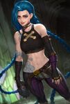  1girl arcane:_league_of_legends arm_tattoo asymmetrical_bangs bangs blue_hair braid cloud_tattoo commentary_request fingerless_gloves freckles gloves highres jinx_(league_of_legends) league_of_legends looking_at_viewer midriff navel neoartcore pink_eyes shoulder_tattoo smile solo stomach stomach_tattoo tattoo toned twin_braids 