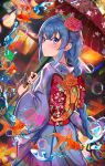  1girl absurdres bangs blue_eyes blue_hair blue_kimono blush braid closed_mouth eyebrows_visible_through_hair fish floating floating_object floral_print flower goldfish hair_between_eyes hair_flower hair_ornament highres humany japanese_clothes kimono long_hair long_sleeves looking_at_viewer looking_back mushoku_tensei nape obi oil-paper_umbrella ribbon roxy_migurdia sash signature solo summer_festival umbrella yukata 