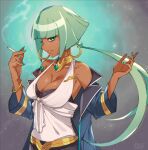  1girl aqua_eyes aqua_hair aqua_nails azure_striker_gunvolt between_fingers bracelet breasts cigarette cleavage collarbone commission dark-skinned_female dark_skin earrings eyes_visible_through_hair fingernails hands_up holding holding_cigarette hoop_earrings jewelry large_breasts light_particles long_hair nail_polish sakuraba_(cerisier_x) skeb_commission smile smoke solo stella_(gunvolt) 