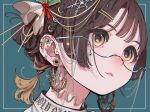  1girl absurdres aqua_background bangs brown_hair chain choker close-up ear_piercing earrings face glasses hair_ornament hairclip highres jewelry original parted_lips piercing portrait ritao_kamo semi-rimless_eyewear shadow short_hair simple_background snowflakes solo under-rim_eyewear 