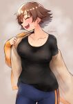  1girl :d black_shirt blue_pants blush breasts brown_background brown_hair closed_eyes collarbone covered_nipples cowboy_shot gojarun head_tilt highres honda_mio idolmaster idolmaster_cinderella_girls jacket large_breasts off_shoulder open_clothes open_jacket pants shirt shirt_tucked_in short_hair simple_background smile solo steaming_body sweat teeth track_pants twitter_username unaligned_breasts undressing upper_teeth wet yellow_jacket 