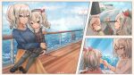  1other 2girls alternate_costume beige_skirt black_legwear blue_eyes blue_sweater carrying commentary_request cowboy_shot cruise_ship dress grey_eyes if_they_mated kantai_collection kashima_(kancolle) mother_and_daughter multiple_girls ocean pantyhose plaid plaid_dress railing silver_hair split_theme standing sweater twintails wavy_hair wss_(nicoseiga19993411) 