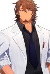  1boy belmond_banderas black_shirt blue_necktie brown_eyes brown_hair choco_(chocovix112) collared_shirt eyebrows_visible_through_hair facial_hair formal hair_between_eyes highres jacket long_hair long_sleeves looking_at_viewer male_focus necktie nijisanji open_clothes open_jacket shirt simple_background solo stubble suit thick_eyebrows virtual_youtuber white_background white_jacket 
