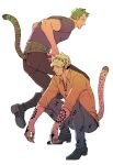  2boys animal_ears animal_hat black_hair cat_hat green_hair haramaki hat highres male_focus multiple_boys one_piece roronoa_zoro shido short_hair short_sleeves sleeves_rolled_up squatting tail tattoo tiger_ears tiger_tail trafalgar_law white_background 