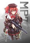  1girl ahoge bangs beret candy eyebrows_visible_through_hair food fur_trim girls&#039;_frontline gun h&amp;k_mp7 hat headset highres jacket lollipop looking_at_viewer mp7_(girls&#039;_frontline) off_shoulder pantyhose red_eyes redz ribbon short_hair side_ponytail sidelocks solo submachine_gun suppressor thigh_strap weapon yellow_eyes 