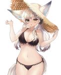  1girl animal_ears bangs bare_arms bare_shoulders bikini black_bikini breasts chinese_commentary cleavage commentary_request cowboy_shot ears_through_headwear extra_ears fox_ears fox_tail grey_eyes groin hands_up hat heterochromia highres lace-trimmed_bikini lace_trim large_breasts long_hair looking_at_viewer navel original parted_lips silver_hair simple_background solo standing stomach sun_hat swimsuit tail thighs uuuu_(xinguwu) white_background yellow_eyes 