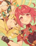  2girls bangs bare_shoulders blonde_hair breasts chagi_chage chest_jewel cleavage cleavage_cutout clothing_cutout dress earrings jewelry large_breasts long_hair multiple_girls mythra_(xenoblade) pyra_(xenoblade) red_eyes red_hair short_dress short_hair swept_bangs tiara very_long_hair white_dress xenoblade_chronicles_(series) xenoblade_chronicles_2 yellow_eyes 