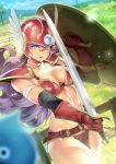  1girl armor bikini_armor blue_eyes blurry blurry_foreground breasts cleavage dragon_quest dragon_quest_iii elbow_gloves fence gloves grass hair_between_eyes helmet highres holding holding_shield holding_sword holding_weapon large_breasts long_hair looking_at_viewer outdoors purple_hair red_armor red_gloves shadow shield shoulder_armor slime_(dragon_quest) soldier_(dq3) solo sword tree twinpoo very_long_hair weapon winged_helmet 