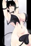  1girl armband armpits arms_up black_hair breasts cero_rains choker colored_skin commentary covering covering_breasts covering_crotch demon_girl demon_horns demon_tail demon_wings earrings grin hair_between_eyes highres horns jewelry large_breasts looking_at_viewer mole mole_on_armpit mole_on_breast navel nude original parted_lips red_eyes smile solo sweat symbol-only_commentary tail teeth wings 