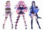  3girls amatsuki_koyomi asymmetrical_legwear bangs black_footwear black_hair blue_eyes blue_hair boots bow bracelet choker earrings epitamago eyebrows_visible_through_hair full_body gradient_hair grey_hair hanaizumi_joa hand_on_hip highres jewelry long_hair looking_at_viewer medium_hair multicolored_hair multiple_girls o-ring o-ring_choker parted_lips pink_hair purple_bow purple_eyes ritao_kamo shadow shoes simple_background single_thighhigh smile standing striped striped_bow striped_legwear thighhighs twintails twitter_username v-wave_project white_background 