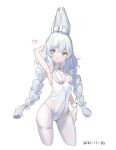  1girl 2021 absurdres animal_ear_fluff animal_ears arm_behind_head arm_up armpits ass_visible_through_thighs azur_lane blue_eyes braid breasts covered_navel dated fake_animal_ears groin highleg highleg_leotard highres le_malin_(azur_lane) le_malin_(listless_lapin)_(azur_lane) leotard long_hair lumi_(741632261) pantyhose playboy_bunny rabbit_ears silver_hair simple_background small_breasts smile solo thigh_strap thighs twin_braids twintails very_long_hair white_background white_legwear white_leotard wrist_cuffs 