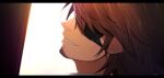  1boy backlighting belmond_banderas brown_hair choco_(chocovix112) eyepatch facial_hair from_behind letterboxed long_hair male_focus nijisanji parted_lips profile smile solo stubble virtual_youtuber 