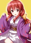  1girl :d bangs bow commentary_request eyebrows_visible_through_hair floral_print hair_bow highres japanese_clothes kimono kotohime_(touhou) long_hair long_sleeves looking_at_viewer open_mouth purple_kimono red_eyes red_hair ruu_(tksymkw) simple_background smile touhou touhou_(pc-98) white_kimono wide_sleeves yellow_background yellow_bow 