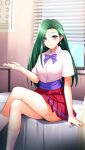  1girl bare_legs bow bowtie collared_shirt crossed_legs doukyuusei_another_world dress_shirt earrings eyebrows_visible_through_hair eyes_visible_through_hair game_cg green_hair indoors infirmary jewelry kakyuusei kneehighs long_hair looking_at_viewer miniskirt mitsuki_shizuka official_art panties pantyshot pleated_skirt purple_bow purple_bowtie purple_eyes purple_panties red_skirt school_uniform shiny shiny_hair shirt short_sleeves skirt solo sparkle straight_hair underwear very_long_hair white_bow white_legwear white_shirt wing_collar 