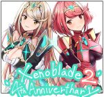  2girls bangs black_gloves breasts chest_jewel cleavage cleavage_cutout clothing_cutout dress gloves highres karuushi large_breasts multiple_girls mythra_(xenoblade) pyra_(xenoblade) red_eyes red_hair short_dress short_hair swept_bangs white_dress xenoblade_chronicles_(series) xenoblade_chronicles_2 yellow_eyes 