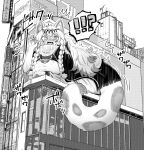  !? 1girl animal_ear_fluff animal_ears arknights bangs bead_necklace beads black_capelet blush bokiboki333 braid building capelet giant giantess greyscale highres jewelry large_tail leopard_ears leopard_girl leopard_tail long_hair monochrome necklace open_mouth pramanix_(arknights) shinjuku_cat solo speech_bubble spoken_interrobang spotted_fur surprised tail turtleneck_dress twin_braids 