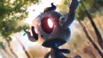  absurdres blurry commentary day glowing glowing_eyes higa-tsubasa highres leaf no_humans outdoors phantump pokemon pokemon_(creature) red_eyes solo tree 