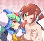  2girls aile_(mega_man_zx) android aqua_hair areolae breasts brown_hair censored collarbone commission cum cum_on_body cum_on_breasts cum_on_hair facial green_eyes handjob hetero light_particles long_hair medium_breasts mega_man_(series) mega_man_zx mega_man_zx_advent mosaic_censoring multiple_girls nipples one_eye_closed open_mouth pandora_(mega_man) penis red_eyes sakuraba_(cerisier_x) skeb_commission teeth tongue tongue_out 