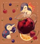  berry bowl brown_background cherry closed_eyes commentary cyndaquil fire food framed fruit holding jug leaf no_humans open_mouth orange_(fruit) orange_slice pokemon pokemon_(creature) sparkle strawberry su_(sajo_su5) 