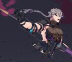  1boy arm_cutout armor braid chase_(king&#039;s_raid) cropped_legs facial_mark fighting_stance from_side grey_hair harness holding holding_polearm holding_weapon king&#039;s_raid male_focus muscular muscular_male pectorals polearm ren_(rendrrr) side_cutout sidepec single_braid solo weapon 
