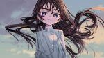  1girl blue_eyes blush brown_hair cloud coat commentary elisia_valfelto floating_hair highres long_hair looking_at_viewer luicent original outdoors sketch sky smile solo upper_body white_coat 