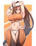  1girl armpits arms_up bandages bangs blush breasts brown_eyes brown_hair carcass_(artist) curvy dungeon_and_fighter fighter fighter_(dungeon_and_fighter) fingerless_gloves frown gloves highres large_breasts long_hair looking_at_viewer looking_down low-tied_long_hair midriff muscular muscular_female ponytail pose scar serious solo sportswear swept_bangs thick_thighs thighs tied_hair toned wide_hips 