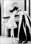  2girls blush chimney closed_eyes commentary_request curtains eyebrows_behind_hair greyscale highres indoors kiss maid maid_headdress monochrome multiple_girls original sparkle_background tiptoes yuri zanka_(the-only-neat) 