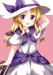  1girl :d bangs blonde_hair bow commentary_request dress eyebrows_visible_through_hair hair_bow hand_on_headwear hat hat_ribbon highres holding holding_suitcase looking_at_viewer louise_(touhou) medium_hair open_mouth pink_background purple_bow purple_eyes purple_ribbon purple_sailor_collar ribbon ruu_(tksymkw) sailor_collar short_sleeves smile suitcase touhou touhou_(pc-98) white_dress white_headwear wide_sleeves 