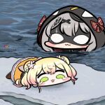  2girls :3 blonde_hair bow braid commentary english_commentary eye_mask green_eyes hair_ornament hololive ice_floe jazz_jack lowres lying momosuzu_nene multiple_girls on_stomach orca_hood photo-referenced plaid plaid_bow sakamata_chloe silver_hair tears virtual_youtuber water x_hair_ornament you_gonna_get_eaten 