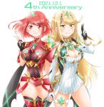  2girls absurdres aogaeru_(pixiv46613656) bangs bare_legs bare_shoulders black_gloves blonde_hair breasts chest_jewel cleavage cleavage_cutout clothing_cutout dress earrings elbow_gloves fingerless_gloves gloves highres jewelry large_breasts long_hair multiple_girls mythra_(xenoblade) pyra_(xenoblade) red_eyes red_hair red_legwear red_shorts short_dress short_hair short_shorts shorts swept_bangs thigh_strap thighhighs tiara very_long_hair white_dress white_gloves xenoblade_chronicles_(series) xenoblade_chronicles_2 yellow_eyes 