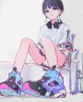  1girl bangs bare_legs black_hair blue_eyes earrings full_body headphones headphones_around_neck highres jewelry original parted_lips ritao_kamo shirt shoes short_hair sitting sketch solo suitcase white_background white_shirt 