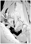  2girls bed blush closed_eyes commentary_request curtains eyebrows_behind_hair greyscale hand_in_another&#039;s_hair highres indoors kiss long_hair maid maid_headdress monochrome multiple_girls on_bed original pillow short_hair sparkle_background yuri zanka_(the-only-neat) 