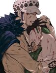  2boys black_hair blood blood_from_mouth blood_on_face clenched_teeth closed_eyes cradling_head earrings green_hair hat hug injury jewelry male_focus multiple_boys one_piece roronoa_zoro scar scar_across_eye shido sleeves_rolled_up tattoo teeth trafalgar_law yaoi 