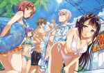  2boys 3girls arm_up ass bangs bent_over bikini black_hair blue_eyes blue_sky blunt_bangs blush breast_hold breasts brown_eyes brown_hair casual_one-piece_swimsuit cleavage closed_mouth cloud collarbone day front-tie_bikini front-tie_top green_bikini hand_on_hip highres holding holding_innertube innertube jingairyouki_brigand leg_up long_hair looking_at_viewer looking_back medium_breasts mole mole_under_eye multiple_boys multiple_girls navel novel_illustration official_art one-piece_swimsuit one_eye_closed orange_swimsuit outdoors palm_tree parted_lips purple_hair shibano_kaito shiny shiny_hair short_hair side-tie_bikini sidelocks sky small_breasts smile sports_bikini sun sweatdrop swimsuit textless thighs tied_hair tree very_long_hair white_bikini 