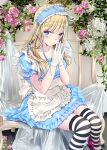  1girl alice_(alice_in_wonderland) apron blonde_hair blue_dress blue_eyes blue_headband dress flower frilled_apron frilled_dress frills gloves headband highres kobayashi_chisato looking_at_viewer md5_mismatch open_mouth original pink_footwear solo striped striped_legwear thighhighs white_gloves 