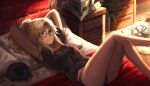  1girl bangs black_panties black_shirt blonde_hair breasts cat commentary crossed_legs fate/apocrypha fate_(series) glasses green_eyes highres long_hair looking_at_viewer lying mordred_(fate) mordred_(fate/apocrypha) on_back on_bed panties parted_bangs pillow ponytail shirt short_sleeves sidelocks small_breasts symbol-only_commentary tonee underwear 
