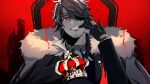  1boy bangs belmond_banderas black_gloves black_hair black_jacket blood cape choco_(chocovix112) crown eyepatch finger_in_mouth fur-trimmed_cape fur_trim gloves grey_cape hair_over_one_eye hand_up head_tilt highres jacket king_(vocaloid) long_sleeves male_focus nijisanji partially_fingerless_gloves red_background red_eyes sitting solo thick_eyebrows v-shaped_eyebrows virtual_youtuber 