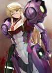  1girl arm_cannon bangs blonde_hair blue_eyes commentary gravity_suit hair_between_eyes highres higofushi long_hair looking_at_viewer metroid metroid_dread mole mole_under_mouth power_armor purple_armor samus_aran sidelocks thighs weapon 