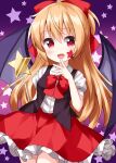  1girl :d bangs bat_wings black_skirt black_wings blonde_hair bow bowtie commentary_request elis_(touhou) eyebrows_visible_through_hair facial_mark frilled_skirt frills gradient gradient_background hair_bow highres holding holding_wand long_hair looking_at_viewer open_mouth purple_background red_bow red_bowtie red_eyes red_skirt red_star ruu_(tksymkw) shirt short_sleeves skirt smile solo star_tattoo star_wand starry_background tattoo touhou touhou_(pc-98) wand white_shirt wings 