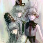  3girls :d bare_shoulders blue_eyes earmuffs green_eyes hat highres katari mononobe_no_futo multiple_girls muted_color pointy_hair ponytail short_hair silver_hair simple_background smile soga_no_tojiko tate_eboshi touhou toyosatomimi_no_miko upper_body yellow_eyes 