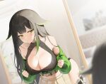  1girl bangs bare_shoulders bbakasatang black_hair black_shirt blurry blurry_background blurry_foreground blush breasts cardigan cleavage cleavage_cutout clothing_cutout commentary cowboy_shot green_cardigan green_eyes green_hair hair_flaps halterneck highres indoors large_breasts leaning_forward long_hair looking_at_viewer mole mole_under_eye multicolored_hair off_shoulder open_cardigan open_clothes original puckered_lips shirt solo streaked_hair 