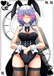  1girl alternate_costume animal_ears bangs bare_shoulders black_legwear black_neckwear black_ribbon blue_eyes blush braid breasts buttons cleavage collarbone commentary_request covered_navel eyebrows_visible_through_hair eyelashes fake_animal_ears hair_ribbon highres izayoi_sakuya large_breasts lips looking_at_viewer playboy_bunny rabbit_ears ribbon shadow shiny shiny_hair shiny_skin silver_hair smile solo standing tailcoat tatsuya_(guild_plus) thighhighs touhou tress_ribbon twin_braids twitter white_background wrist_cuffs 