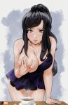  1girl absurdres arm_support artist_name black_hair blue_dress blue_eyes breasts coffee coffee_cup collarbone commentary cup disposable_cup dress grabbing_own_breast halter_dress halterneck highres kobi420 large_breasts leaning_forward lipstick long_hair looking_at_viewer makeup nico_robin no_bra one_breast_out one_piece ponytail red_lips solo standing sweat thigh_gap wooden_table 