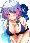  1girl ahoge alternate_costume armpit_crease bangs bare_shoulders bent_over blue_eyes blue_swimsuit blush breasts cleavage closed_mouth collarbone commentary_request dated eyebrows_visible_through_hair eyelashes green_ribbon hair_ribbon highres izayoi_sakuya large_breasts light_smile lips looking_at_viewer medium_hair ribbon shiny shiny_hair shiny_skin sidelocks signature silver_hair solo standing swimsuit tatsuya_(guild_plus) thighs touhou tress_ribbon v_arms white_background 